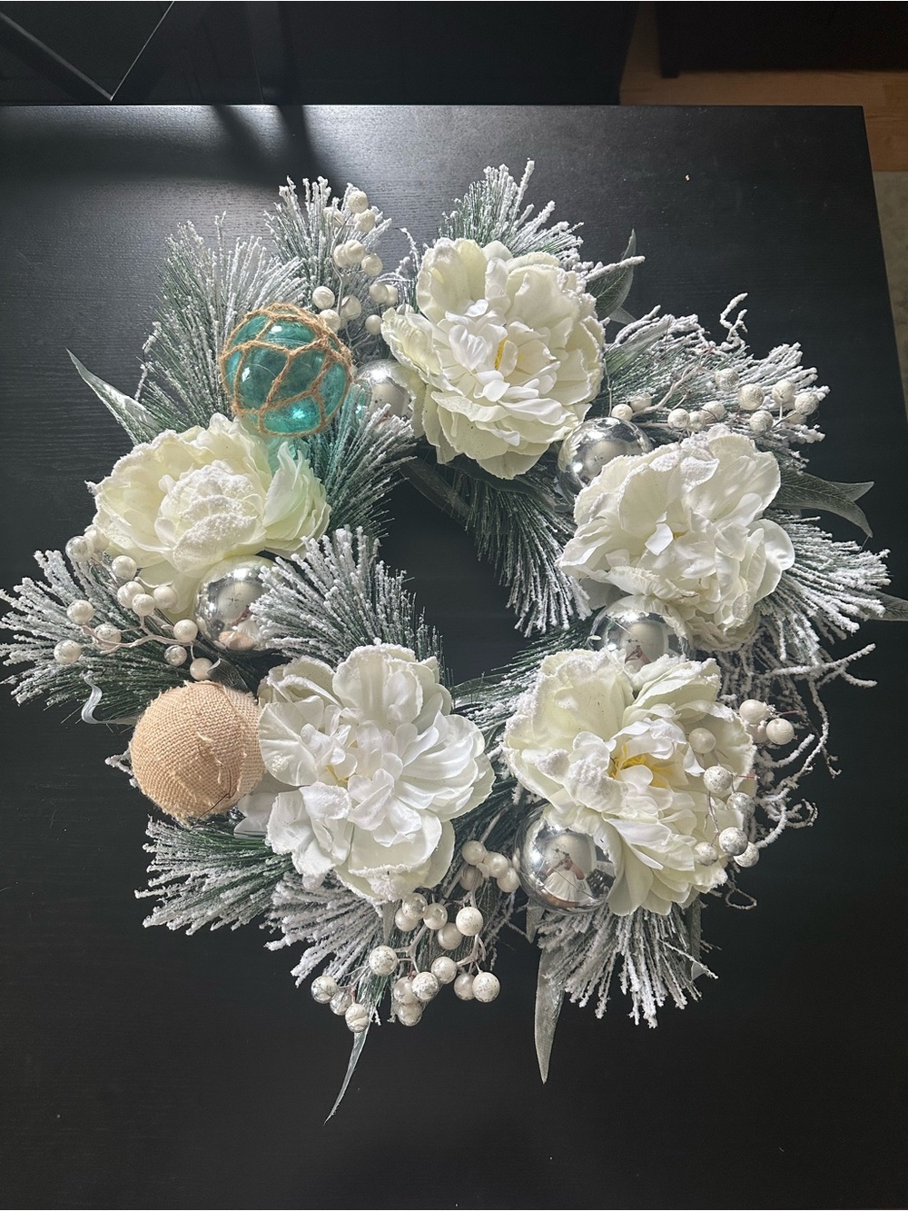 Elegant White Floral Holiday Wreath - Frosted Pine & Peony Design
